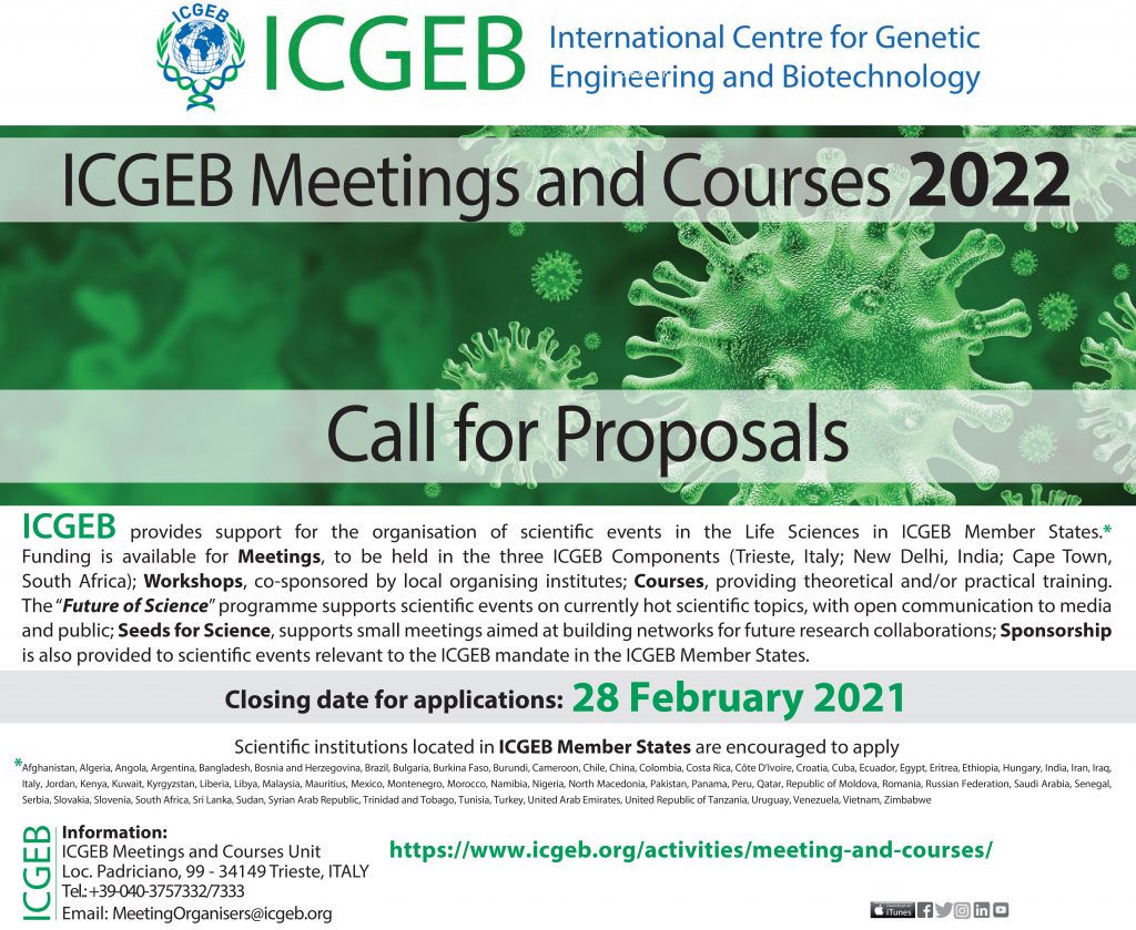 دعم الأنشطة العلمية فى الدول الأعضاء لعام 2022 مع برنامج المركز الدولى للهندسة الوراثية والتكنولوجيا الحيوية ICGEB
