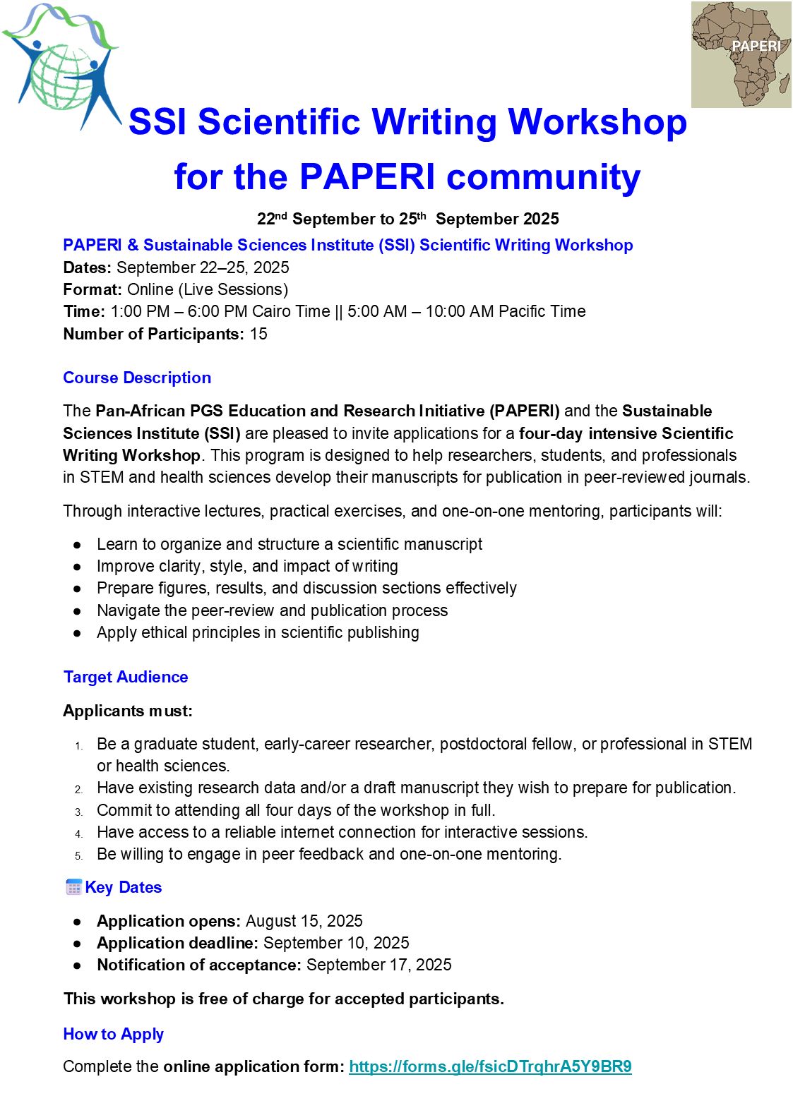 PAPERI–SSI Scientific Writing Workshop: Applications Open