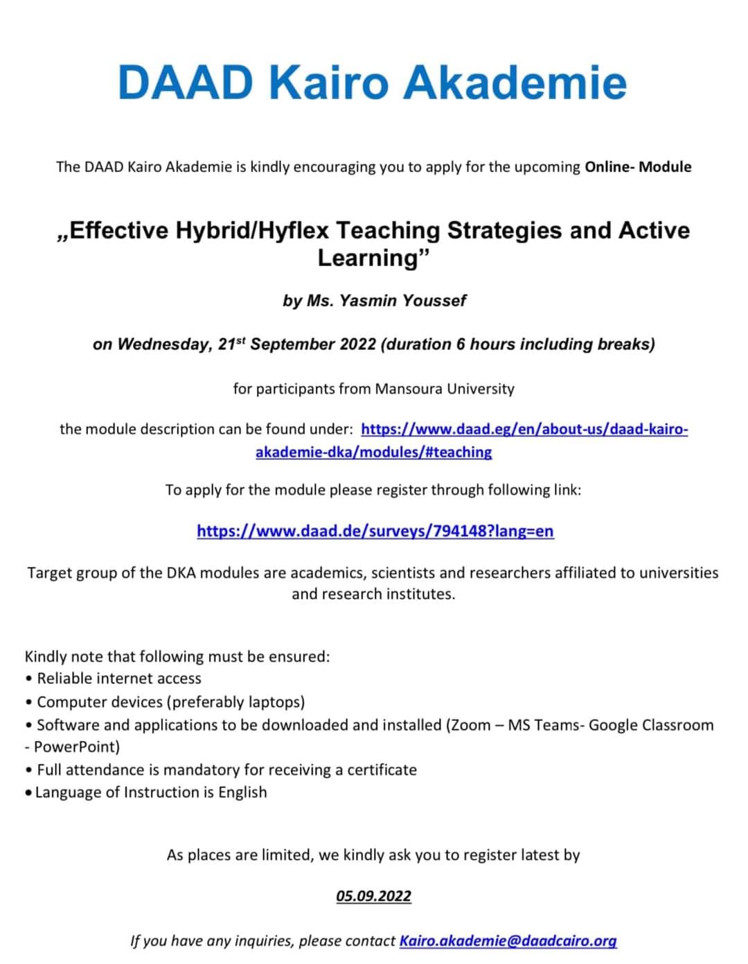 ورشة عمل بعنوان Effective Hybrid/Hyflex Teaching Strategies and Active Learning