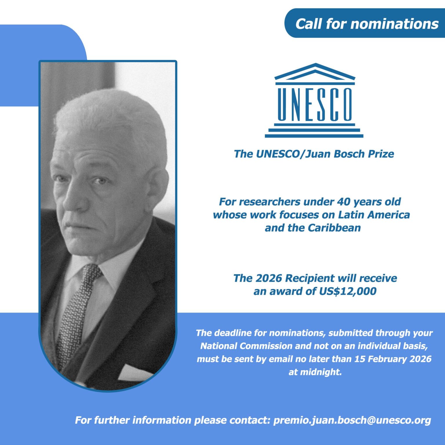 Call for Nominations: UNESCO/Juan Bosch Prize 2026